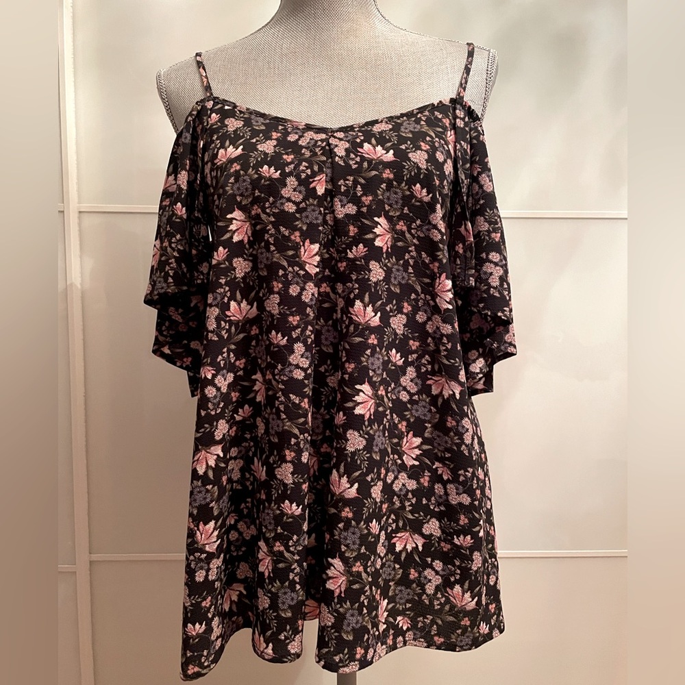 Blue Rain Off the Shoulder Transitional Floral Top
